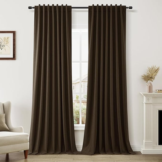 Guken 100% Blackout Curtains 96 Inch Length 2 Panels Set for Living Room Bedroom Back Tab Thermal Insulated Black Out Linen Drapes Room Darkening Chocolate,52x96