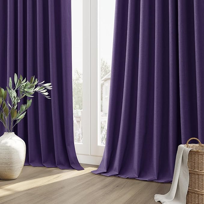 Guken 100% Blackout Curtains 84 Inch Length 2 Panels Set for Living Room Bedroom Back Tab Thermal Insulated Black Out Linen Drapes Room Darkening New Purple,52x84