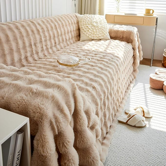 HANDONTIME Plush Sofa Slipcovers Washable Couch Cover for Sofa Super Soft Faux Fur Sofa Covers for 3 Couch Cousion Soild Khaki Rabbit Plush Couch Cushion Covers for Kids Pets, 71" X150"