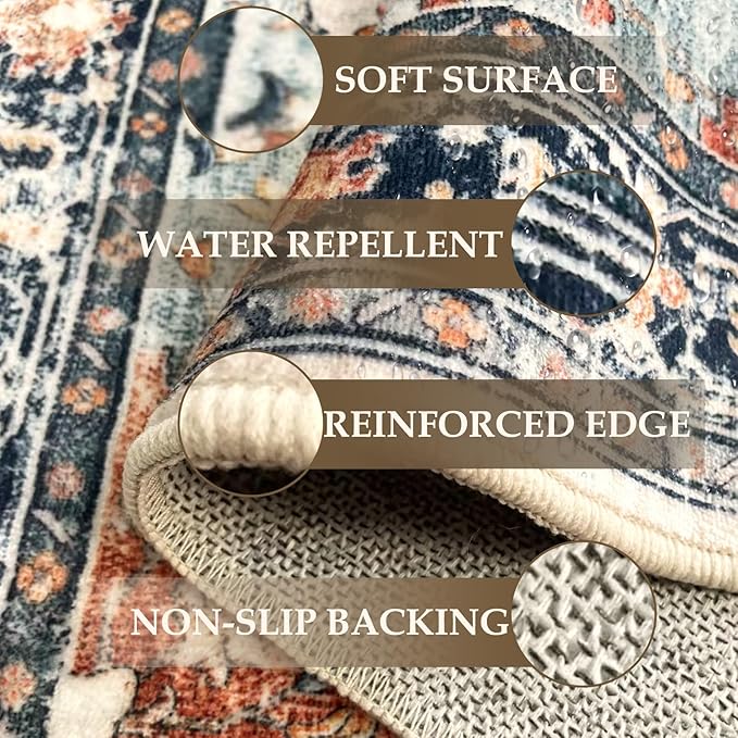 RELEANY Area Rugs 2'x3' Washable Non-Slip, Floral Vintage Distress Print Pattern Medallion Carpet for Living Room Bedroom Dining Room, Beige Navy Blue Orange Colorful
