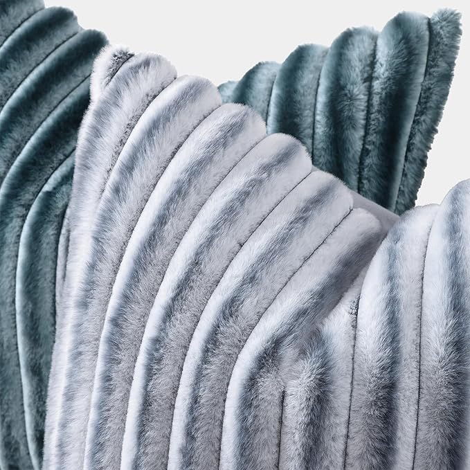 decorUhome Cozy Faux Fur Throw Pillow Covers 12x20 Set of 2 Decorative Soft Plush Striped Lumbar Modern Farmhouse Boho Couch Pillow Cases with Velvet Back for Sofa Bed Living Room, Grey White