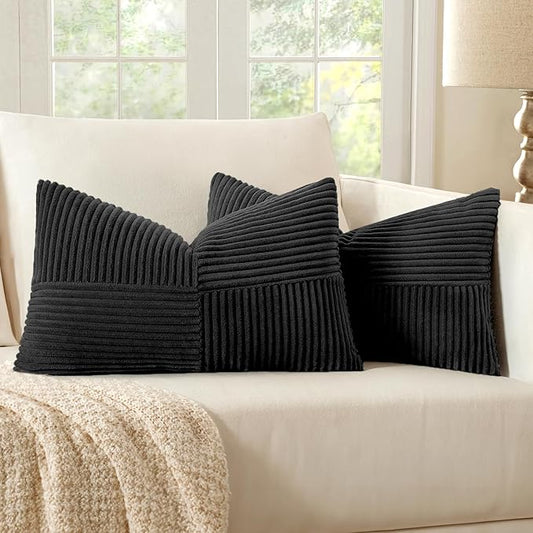 MIULEE Black Decorative Lumbar Throw Pillow Covers 12x24 Inch for Couch Bed Sofa Pack of 2 Boho Farmhouse Throw Pillows Soft Cross Corduroy Patchwork Textured Cushion Cases