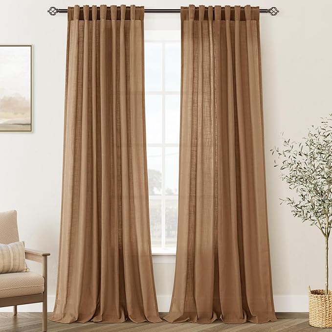 Brown Curtains for Living Room Back Tab Modern Farmhouse Semi Sheer Curtains 132 inches Long 2 Panels Set Muted Neutral Window Curtain for Dining Room Bedroom 52x132