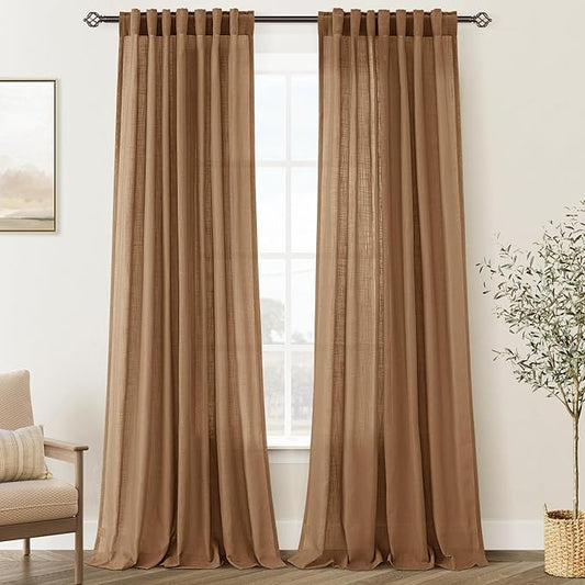 Brown Curtains for Living Room Back Tab Modern Farmhouse Semi Sheer Curtains 132 inches Long 2 Panels Set Muted Neutral Window Curtain for Dining Room Bedroom 52x132