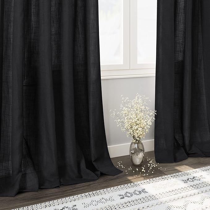 Black Linen Curtains 80 inches Long for Bedroom Back Tab Light Filtering Privacy Sheer Curtains Modern Farmhouse Coastal Decor Cotton Textured Gauze Curtain 2 Panel Set 38x80 for Living Room