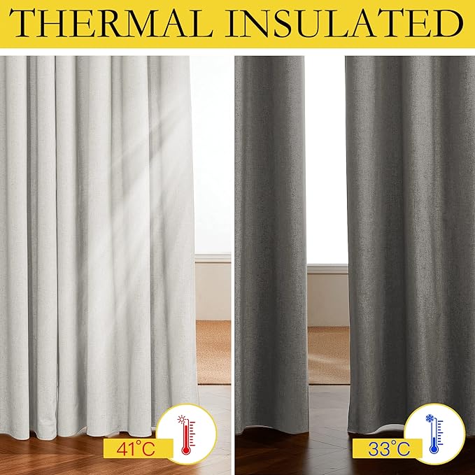 NICETOWN 100% Absolutely Blackout Linen Curtains with Thermal Insulated White Liner, Ivory, W52, 2 Pieces, Noise Reducing Textured Linen Look Curtains for Windows 102 inch Length for Classroom