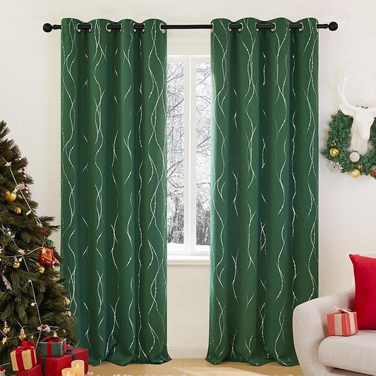 Deconovo Green Curtains, Christmas Blackout Drapes, Thermal Insulated Soundproof Drape, Wave Line Dot Foil Print, 52 x 108 Inch, 2 Panels, Machine‑Washable Window Panel for Living Room Kitchen Nursery