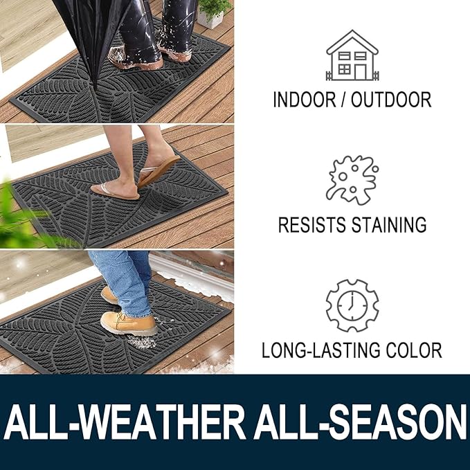 Colorxy Waterproof Doormat, Sturdy Natural Rubber Front Indoor Mat, Non Slip Low Profile Outdoor Door Mat, Stain and Fade Resistant Floor Mats, Easy Clean Patio Entry Mat, 59''x36'', Light Grey