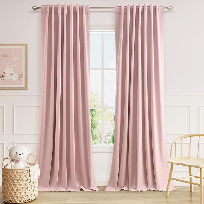 Guken 100% Blackout Linen Curtains 84 Inch 2 Panels Set for Girl's Bedroom, Living Room, Nursery, Back Tab Thermal Insulated Black Out Drapes Room Darkening, Pink