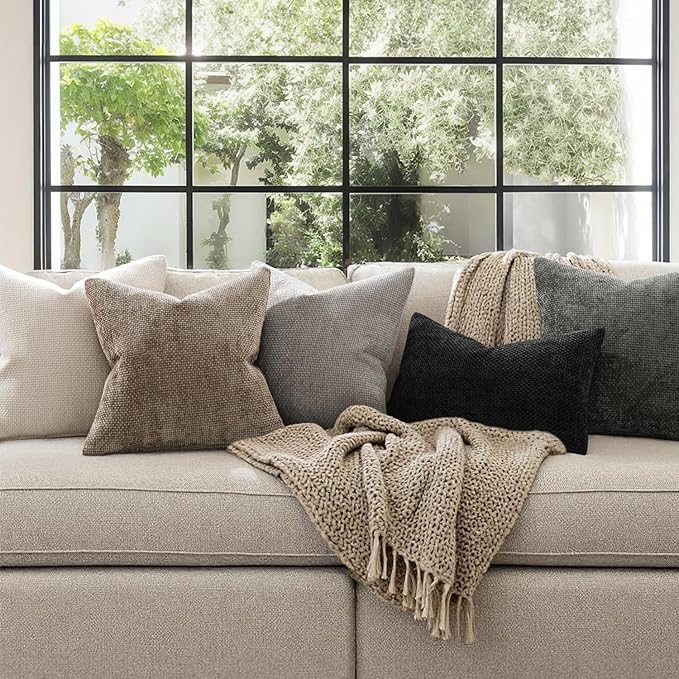 MIULEE Pack of 2 Couch Throw Pillow Covers 22x22 Inch Neutral Beige Modern Boho Accent Decorative Pillow Covers Soft Chenille Farmhouse Cushion Covers for Home Decor Bed Sofa Living Room