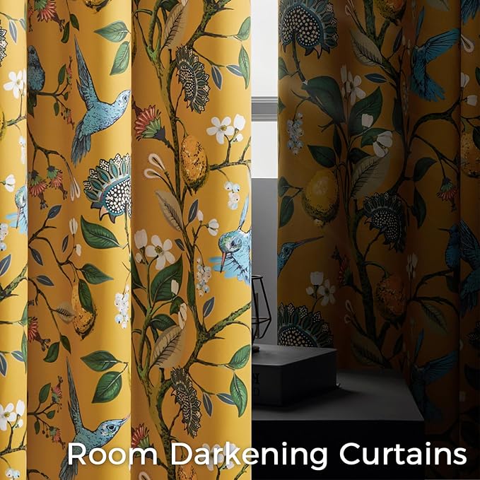 Topfinel 92 Inches Long Custom Mustard Yellow Luxury Curtains for Living Room Bedroom, Blackout Vintage Victorian Curtains Floral Lemon Hummingbird Printed Grommet Drape 92 Inch Length