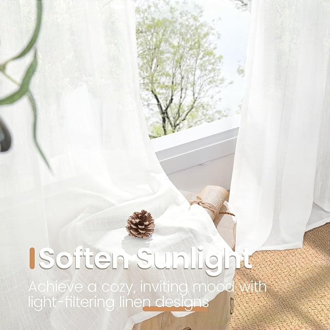 BGment 45 Inch Length White Linen Curtains for Short Window - Rod Pocket Small Semi Sheer Drapes Light Filtering for Cafe Kitchen Bedroom Lightweight Natural Rustic, 2 Panels Set, 30 X 45 Inch