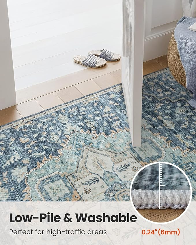 AMADA HOMEFURNISHING 2'6"x8' Washable Area Rug, Low-Profile Entryway Rug with Non-Slip Backing & Durable Edge Binding, Vintage Rug Pattern, Small Rugs for Entryway, Kitchen & Living Room