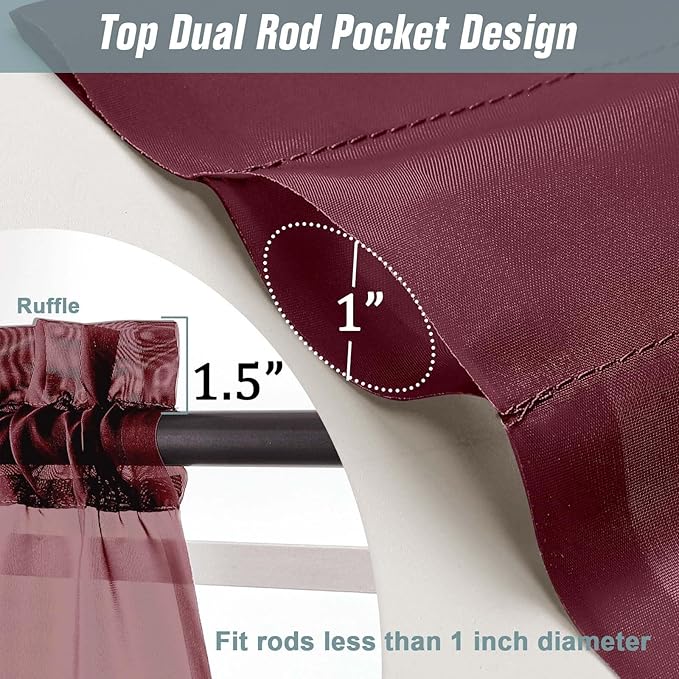 Burgundy Small Sheer Curtains 2 Panels Set, Kitchen Curtains 36 Inch Length, Elegant Light Filtering Short Window Drapes for Living Room Bedroom, Dual Rod Pocket Design, 2x42Wx36L Inches