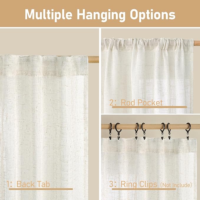 LAMIT Cream 80 inch Linen Curtains for Doorway, Light Filtering Semi Sheer Drapes Back Tab and Rod Pocket Neutral Panels for Bedroom/Living Room, 34 x 80 Inch, 2 Panels
