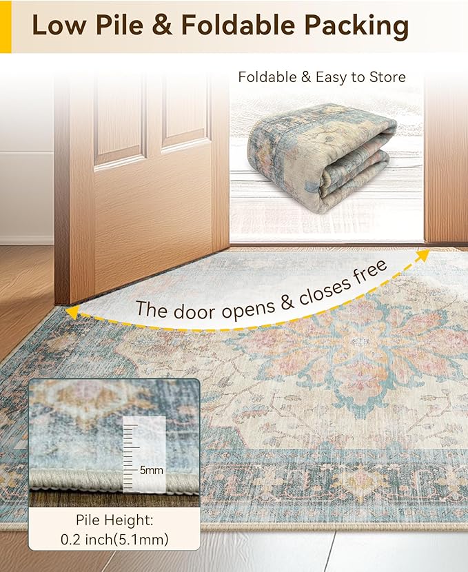 RELEANY Area Rugs 9'x12' Washable Non-Slip, Floral Vintage Distress Print Pattern Medallion Carpet for Living Room Bedroom Dining Room, Blue Orange Red