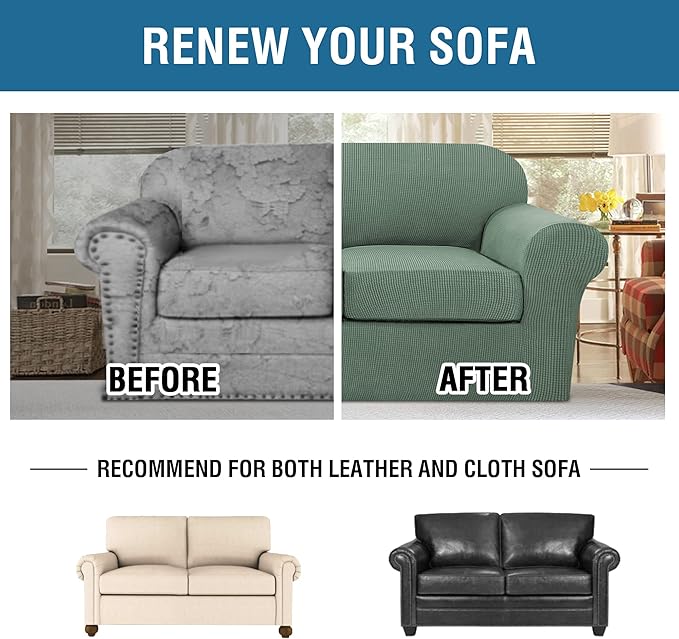 H.VERSAILTEX 3 Piece Stretch Sofa Covers for 2 Cushion Loveseat Couch Covers for Living Room Sofa Slipcovers (Base Cover Plus 2 Seat Cushion Covers) Thicker Jacquard Fabric(Medium, Loden Frost)