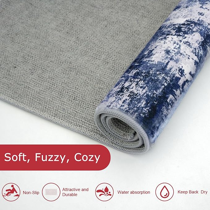 KOZYFLY Modern Abstract Area Rugs 5x7 Navy Blue Machine Washable Thin Rug for Bedroom Non-Slip Living Room Rug, Faux Wool Soft Low Pile Office Carpet for Dining Room, Bedroom, Kitchen