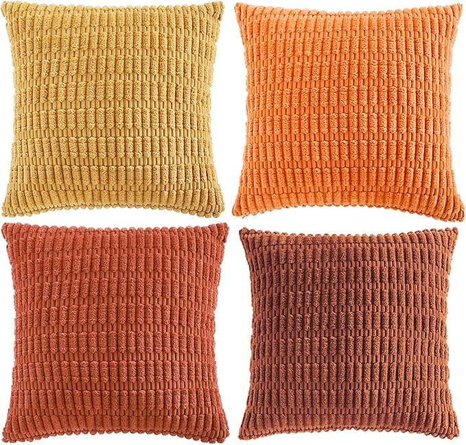 Fancy Homi Set of 4 Burnt Orange Fall Boho Decorative Throw Pillow Covers 28x28 Inch for Couch Bed Sofa, Aesthetic Modern Bohemian Room Decor, Fuzzy Fluffy Cozy Corduroy Textured Cushion Case 71x71cm