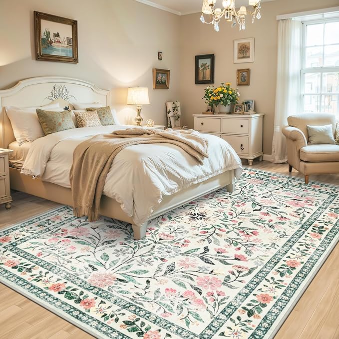 8x10 Area Rugs for Living Room: Floral Washable Rug Vintage Large Soft Boho Non-Slip Carpet Indoor Stain Resistant Low Pile Carpets for Bedroom Dining Room Farmhouse Nursery Home Office Green Beige