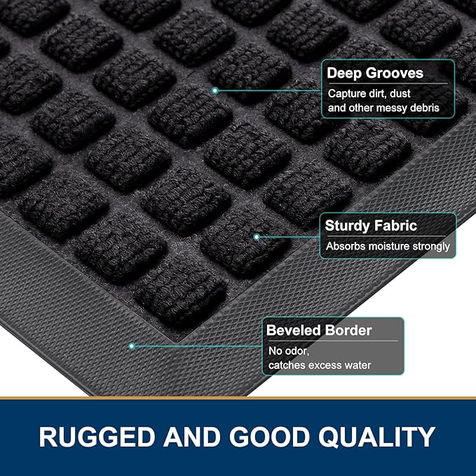 Smiry Front Door Mat Outside Entrance, Heavy Duty Natural Rubber Doormat, Non Slip, Trap Dirt and Moisture, Easy Clean, Low Profile Welcome Floor Mats for Indoor Outdoor Entry, 59x23 Inch, Black