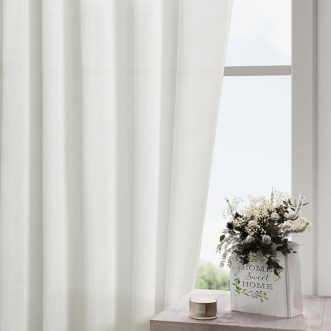 Ivory Linen Curtains 90 Inches Long for Living Room Back Tab Rod Pocket Semi Sheer Light Filtering Neutral Solid Drapes Modern Rustic Farmhouse Decor Curtains for Dining Room 2 Panels Set 40x90