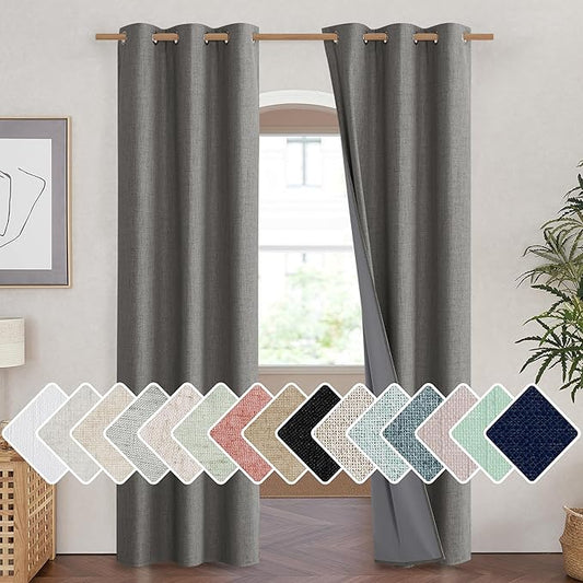 NICETOWN Grizzle Gray Vintage Linen 100% Blackout Curtains for Living Room, Thermal Insulated Curtains 84" Long, Noise Reducing Window Treatment Drapes for Hall Room, 42" Wide Per Panel, Set of 2