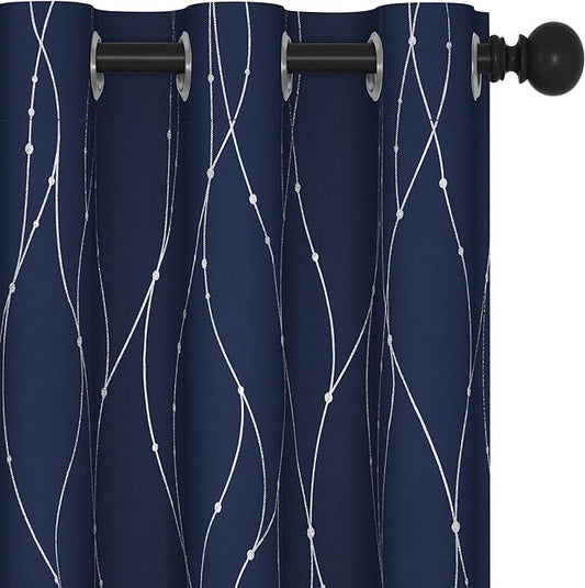 Deconovo Blackout Curtains 63 Inch Length for Living Room, Navy Blue Curtain, Thermal Insulated Soundproof Privacy Curtain with Silver Wave Dot Print, Machine Washable Window Panel for Bedroom Nursery