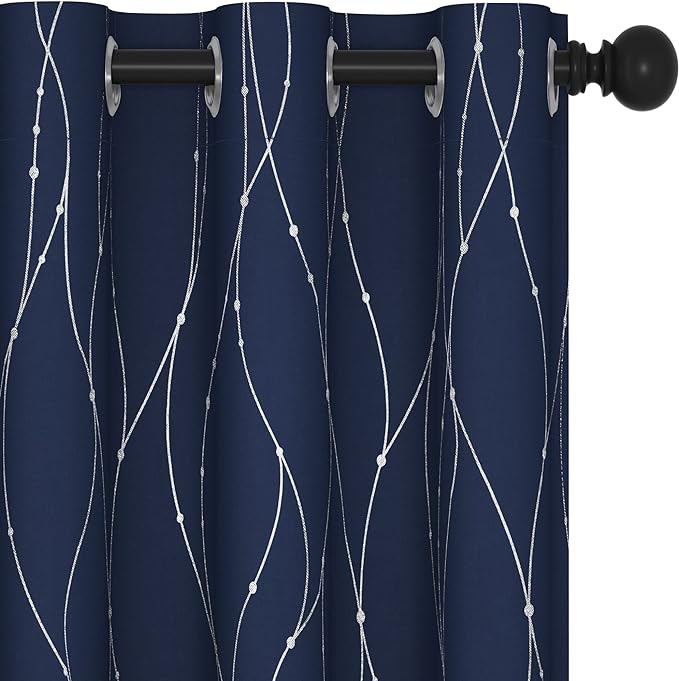 Deconovo Short Kitchen Curtains, Navy Blue Blakcout Curtain 42 x 54 Inch, Thermal Insulated Soundproof Drapes with Silver Wave Dots Prit, Grommet Top, Machine Washable for Nursery Bedroom Living Room