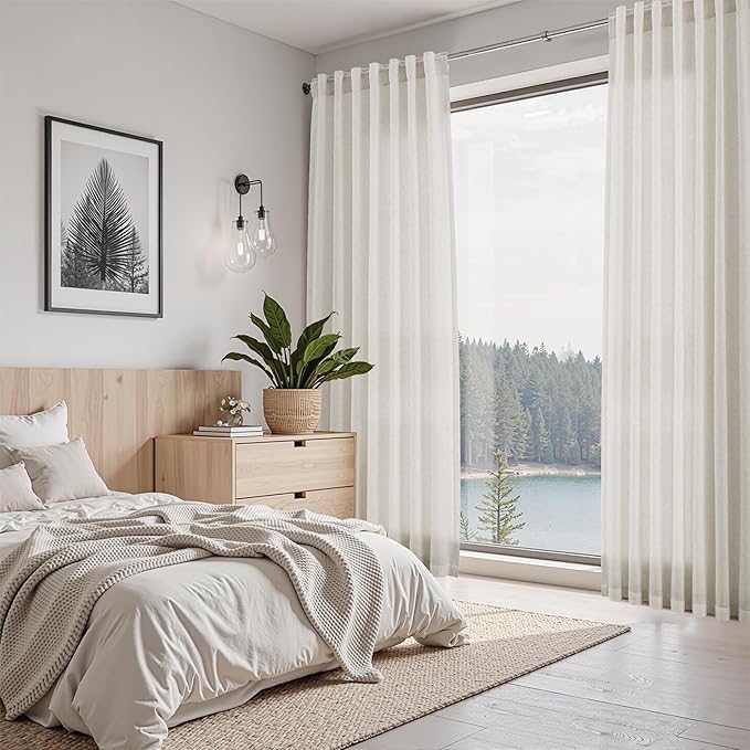 Nanspring Mousse White Lnen Curtains 102 Inches Long for Living Room Linen Light Filtering Semi Sheer Curtain Back Tab Simple Modern Floor to Ceiling Coastal Decor Drapes for Bedroom 52x102, 2 Panels