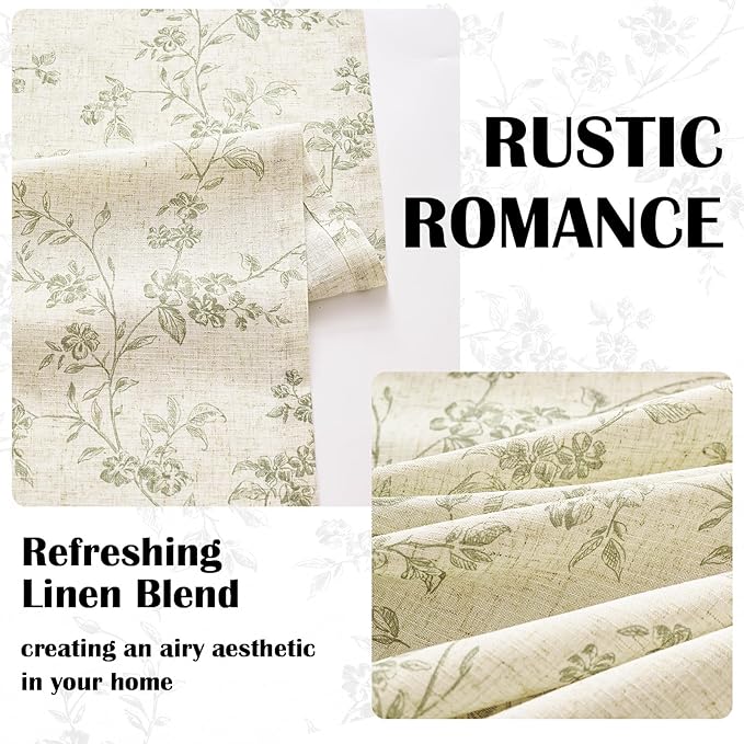 Lazzzy Green Floral Linen Curtains 84 Inch Farmhouse Back Tab Drapes for Living Room Bedroom Light Filtering Vintage Grandmillennial Rod Pocket Curtains, 2 Panels, W38 x L84, Green on Beige