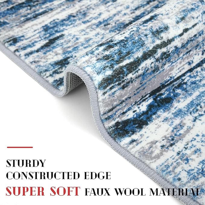 Lansny Modern Abstract Runner Rug 2x5, Grey Blue White Washable Entryway Kitchen Runner Non-Slip Soft Hallway Rug Runner Thin Print Faux Wool Carpet for Bedroom Laundry Room Indoor