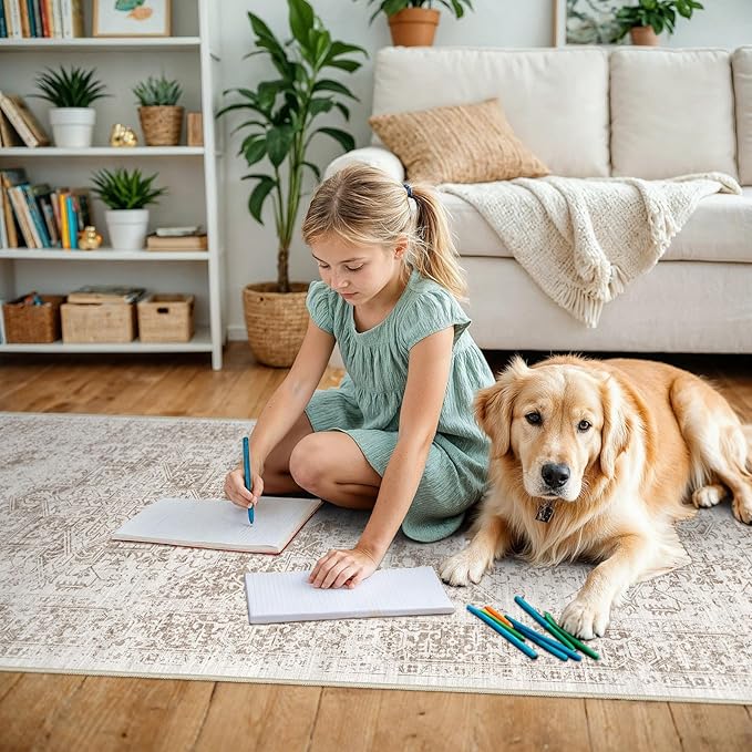 2x8 Washable Hallway Runner Rug - Vintage Kitchen Runners Low Pile Carpet Soft Thin Floor Runner with Rubber Backing for Entryway Living Room Home Decor (Cream/Camel)