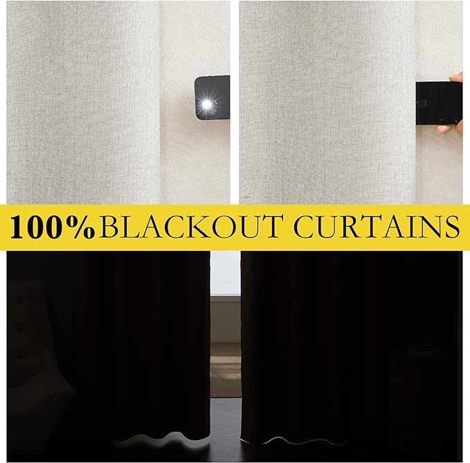 NICETOWN Linen Blackout Curtains for Kitchen, Ivory, 2 Panels, 42" Wide x 45" Long, Short Kitchen Burlap Linen 100% Blackout Drape Panels for Night Shift, Great Job for Blocking Light