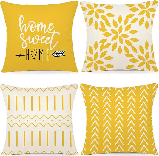 YCOLL Pillow Covers 16x16 Set of 4, Modern Sofa Throw Pillow Cover, Decorative Outdoor Linen Pillow Covers Set of 4 for Couch Sofa Bed and Car, Yellow