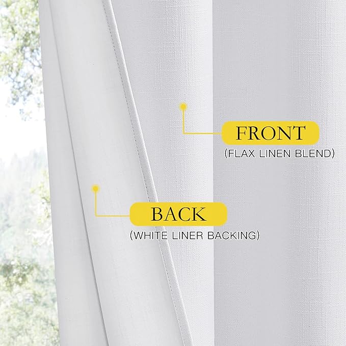 NICETOWN 100% Absolutely Blackout Linen Curtains with Thermal Insulated White Liner, White, 52 inches Wide, 120 inches Length Energy Saving Curtains for Living Room 2 Panels Set, Vertical Blinds