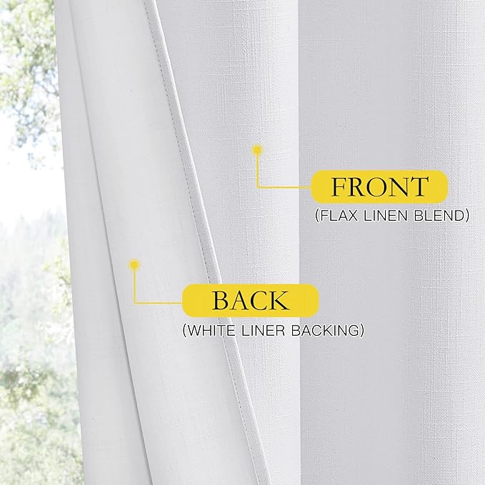 NICETOWN 100% Absolutely Blackout Linen Curtains with Thermal Insulated White Liner, White, 42 inches Wide, 72 inches Length Energy Saving Curtains for Living Room 2 Panels Set, Vertical Blinds