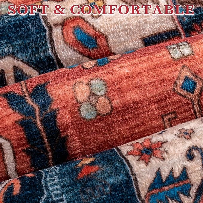 SERISSA 7x9 Area Rugs for Living Room, Large Washable Non-Slip Boho Rug, Ultra Soft Vintage Rust Oriental Tribal Print Distressed Carpet for Dining Room Bedroom Dorm Office Home Decor
