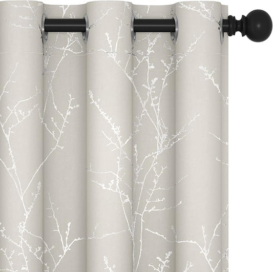 Deconovo Short Kitchen Curtains, Room Darkening Curtain Beige, Thermal Insulated Soundproof Drapes, Silver Branch Print, 42 x 54 Inch, Machine Washable Window Panels for Living Room Office, Set of 2