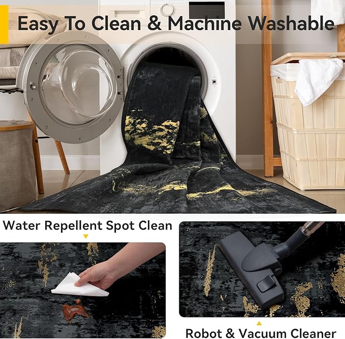 Washable Area Rugs 7'x9' Non-Slip Modern Abstract Soft for Living Room Entryway Bedroom Nursery, Print Pattern, Dark Black Gold