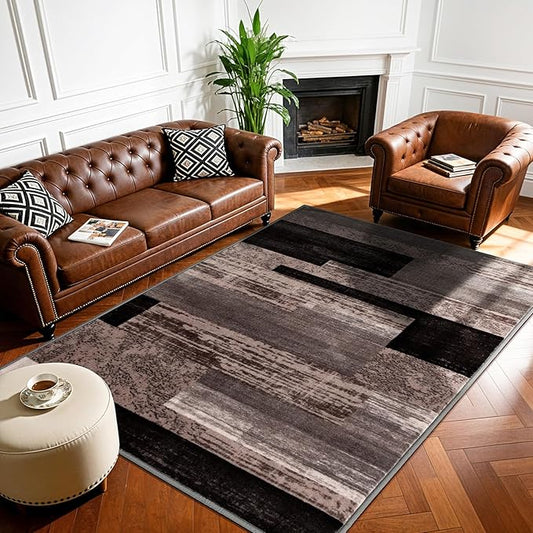 LIANLAM 4x6 Washable Area Rugs for Living Room and Bedroom, Vintage Checkered Pattern Non-Slip Carpet, Stain Resistant Low Pile Soft Rug for Dining Room,Office,Nursery,Kids Room(4x6,Chocolate)