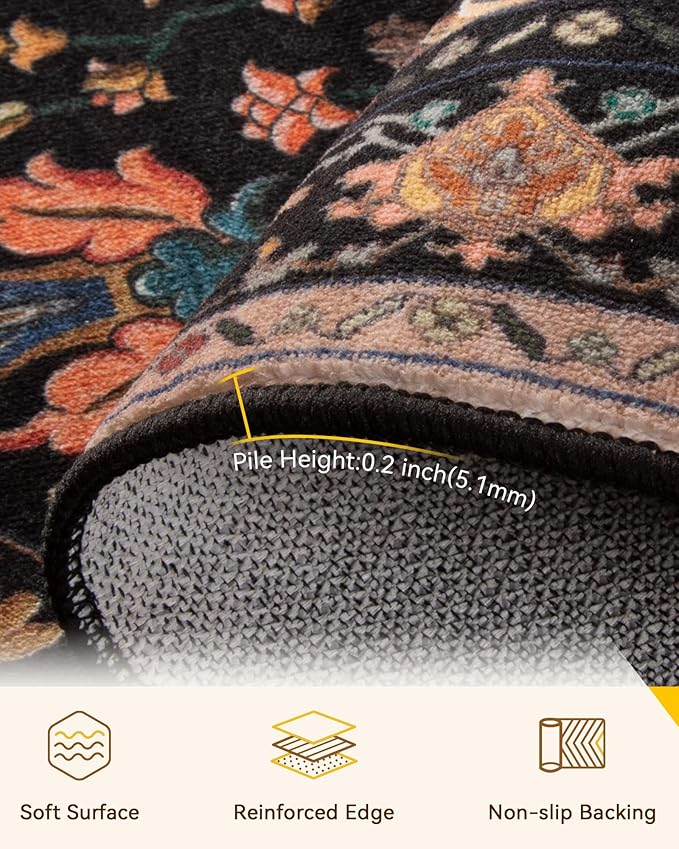 RELEANY Area Rugs 2'6''x8' Runner Rug Non Slip Washable for Kitchen Hallway Bedroom Beside Laundry Room Bathroom Rug, Floor Carpet, Black Colorful Floral Dark Tan
