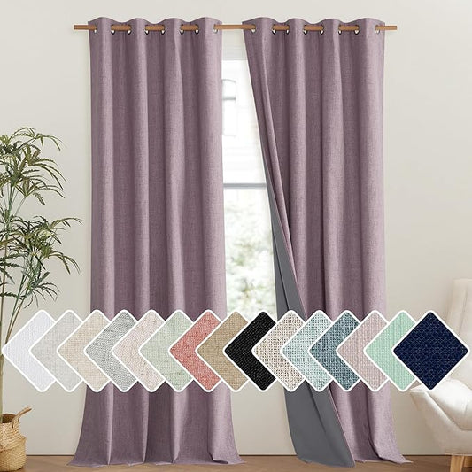 NICETOWN Chaise Mauve Vintage Linen 100% Blackout Curtains for Living Room, Thermal Insulated Curtains 108" Long, Noise Reducing Window Treatment Drapes for Hall Room, 52" Wide Per Panel, Set of 2