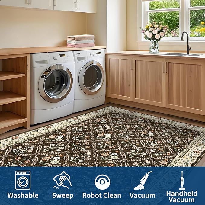 Runner Rug for Hallway Entryway 2.5x8 Farmhouse Floral Non-Slip Machine Washable Kitchen Rug Runner Non-Shedding Low-Pile Soft Long Carpet for Entrance Laundry Room Brown