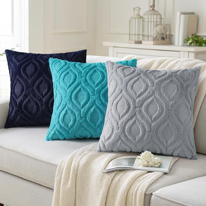 decorUhome Throw Pillow Covers 16x16 Inch Set of 2, Soft Plush Faux Wool Blue Grey Solid Couch Pillow Covers, Accent Farmhouse Neutral Square Pillow Cases for Sofa Bed Living Room