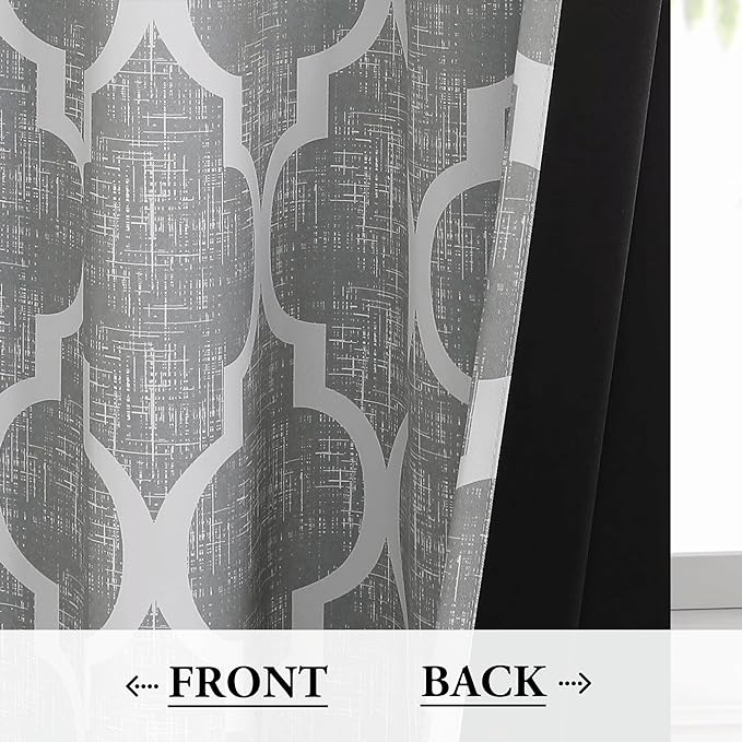 Beauoop 100% Blackout Curtains 84 Inches Long 2 Panels for Bedroom Living Room Grey Moroccan Geo Room Darkening Thermal Insulated Soundproof Grommet Top Window Treatments Drapes, 50x84 Set of 2