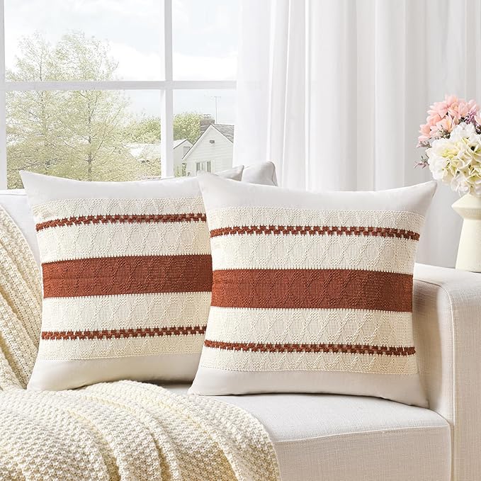Fancy Homi Set of 1 Rust Boho Decorative Throw Pillow Covers 18x18 Inch for Couch Bed Sofa, Aesthetic Modern Organic Fall Room Decor, Soft Cotton Cute Terracotta Textured Farmhouse Cushion Case