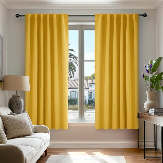 Deconovo Blackout Curtains, Thermal Insulated, W52 x L45 2 Panels, Back Tab, Machine Washable, Room-Darkening Drapes for Bedroom/Living Room Mellow Yellow