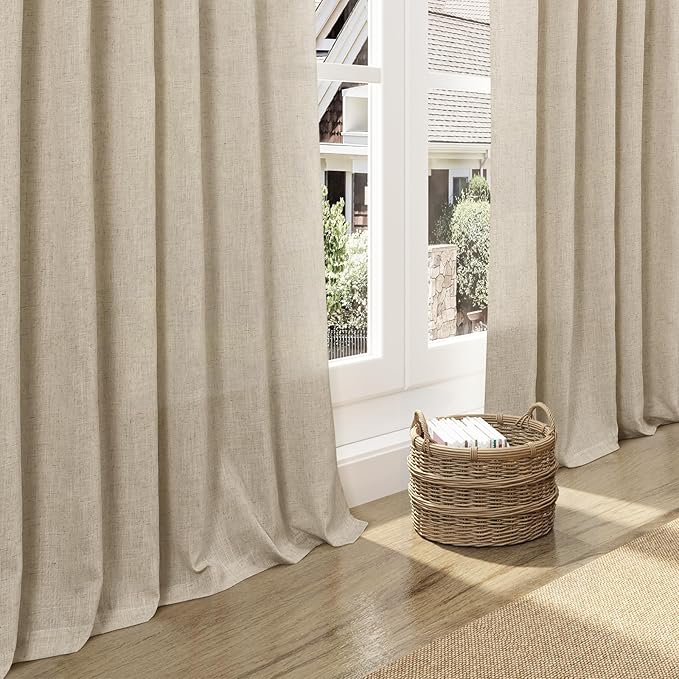 Eggshell Beige Linen Curtains for Living Room 100 Inches Long Light Filtering Semi Sheer Curtain Back Tab Rustic Farmhouse Decor Burlap Luxury Boho Drapes for Bedroom Dinner Room 52x100, 2 Panels