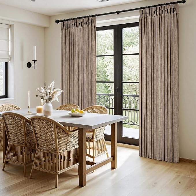 MIULEE Pinch Pleated Thick Linen Curtains 90 Inches Long 2 Panels for Living Room Bedroom, Linen Texture Memory Trained Brown Drapes Pleat Back Tab Light Filtering Country Farmhouse Burlap Curtains